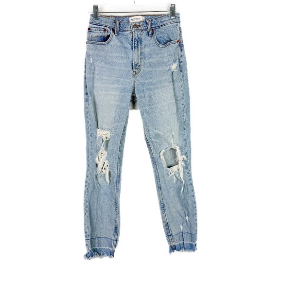 Abercrombie & Fitch Denim - Abercrombie & Fitch Distressed High Rise Mom Jean Raw Hem Light Wash Size 26 2